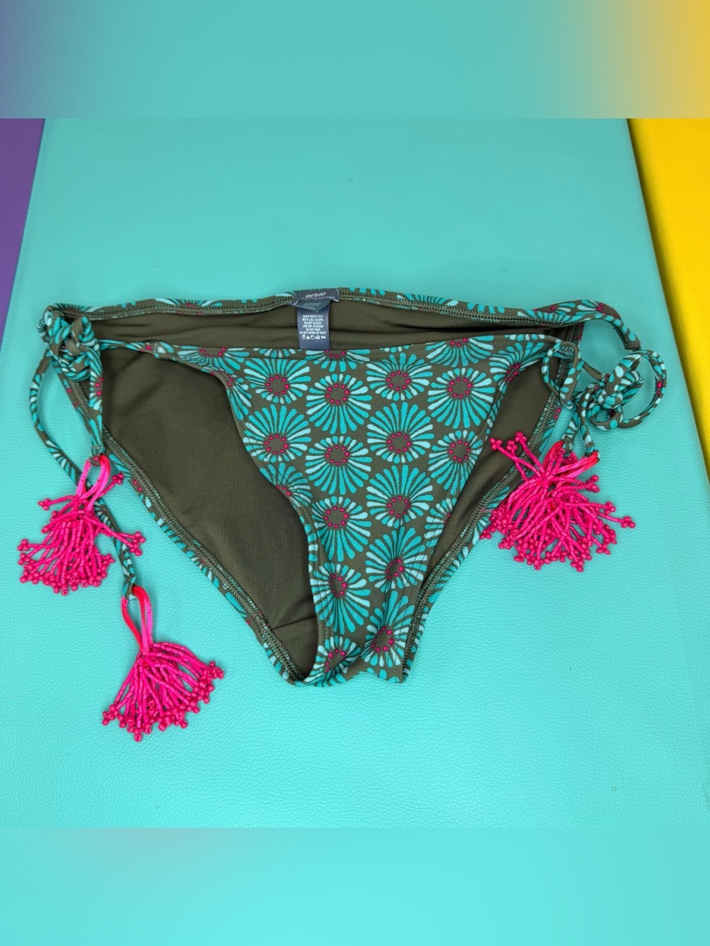 aerie Olive & Teal Floral Tie-Side Bikini Bottom with Hot Pink Tassels Medium